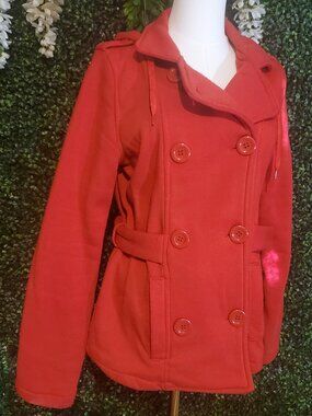 5/7/9 Red Fleece Hooded Peacoat Double Breasted Jacket Women's M
